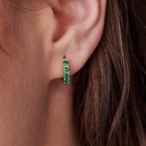 Emerald Hoop Earrings 14k Gold, Bridal Jewelry, Emerald Earrings, Chunky Emerald Huggie Hoop Earrings, Anniversary Gift, Birthday Gift