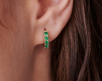 Emerald Hoop Earrings 14k Gold, Bridal Jewelry, Emerald Earrings, Chunky Emerald Huggie Hoop Earrings, Anniversary Gift, Gemstone Huggies