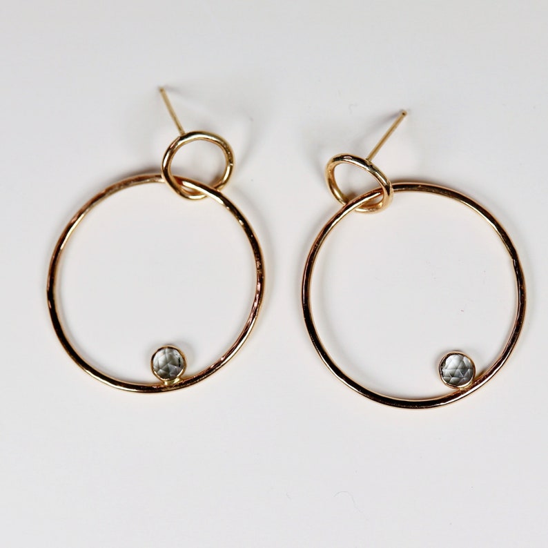 Large Double Hoop Earrings 14k Solid Gold, Aquamarine Hoop Earrings, Lightweight Hoop Earrings, Everyday Earrings, Minimalist Leaf Hoops image 9