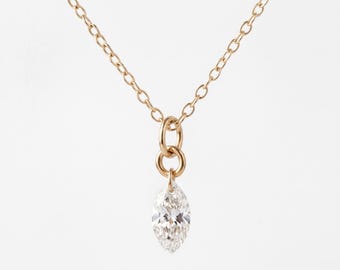 Marquise Diamond Necklace, Lab Grown Diamond Pendant, 14K Gold Floating Drilled Diamond, Dainty Solitaire Necklace