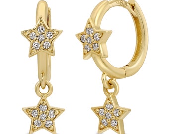 Diamond Star Earrings 14k Gold, Star Huggies Hopp Earrings, 24 Pave Diamonds Dangle Earrings, Celestial Jewelry, Statement Earrings