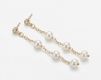 Freshwater Pearl Drop Earrings, Gold Filled Pearl Dangle Earrings, White Topaz Stud Pearl Earrings, Minimal Gold Earrings, Bridal Jewelry