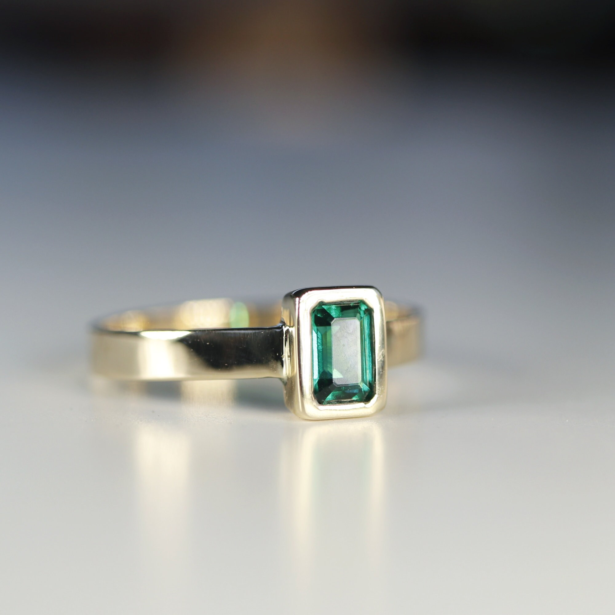 Bezel Set Emerald Ring 14k Solid Gold Emerald Cut Bezel Set Etsy UK