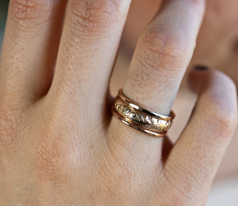 14k Solid Gold Stacking Rings Set of 3, Gold Floral Wedding Band Art Nouveau Ring, Flower Pattern Ring image 2