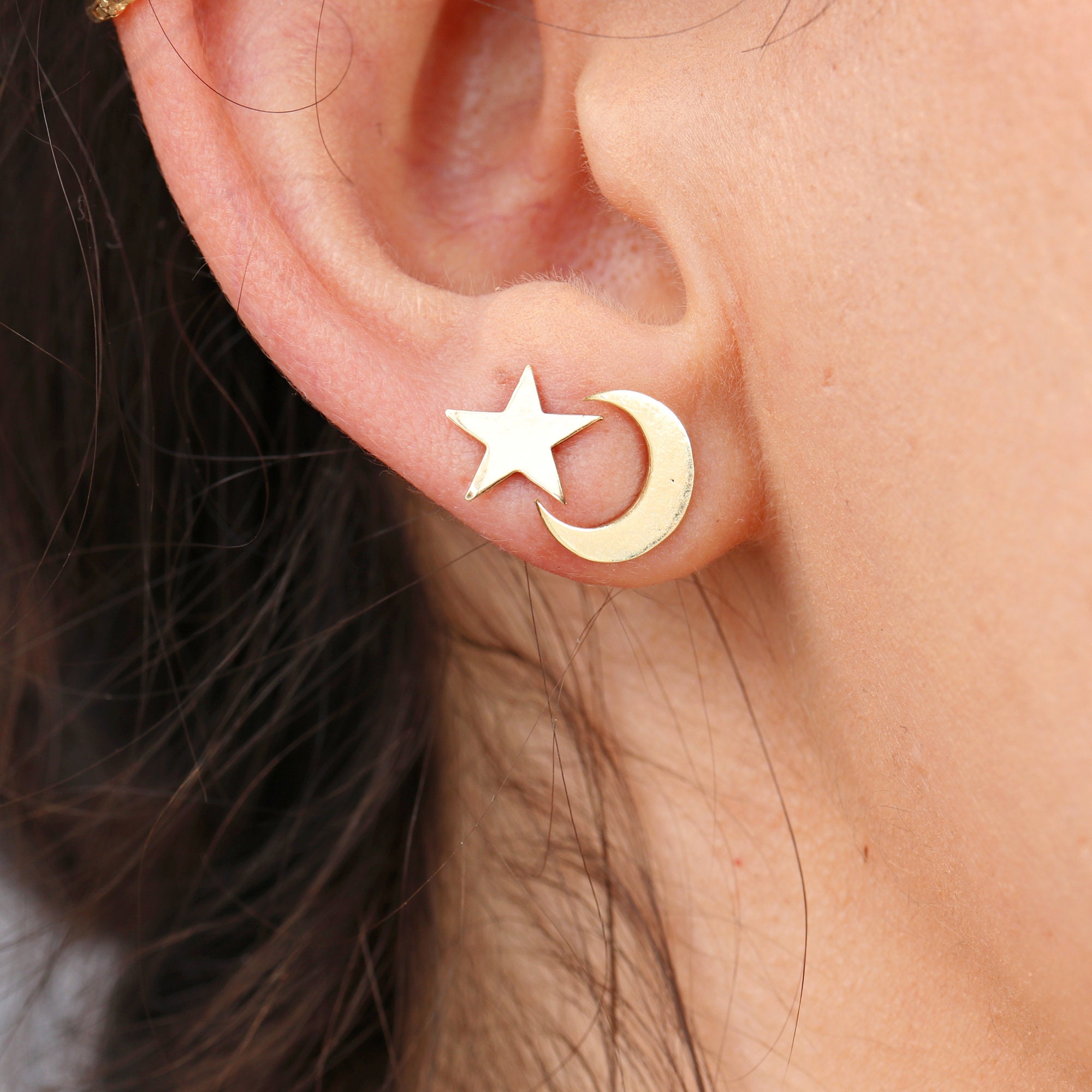 Moon and Star Earrings 14k Solid Gold Moon and Star Stud Etsy