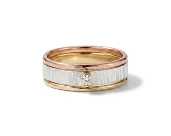Handmade Sterling Silver Diamond Ring Set: Gold & Rose Gold Stacking Bands
