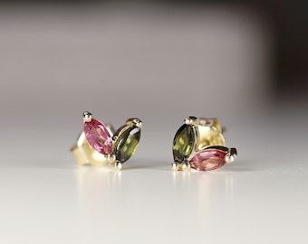 Pink Tourmaline Earrings 14k Solid Gold, Pink & Green Tourmaline Stud Earrings, October Birthstone Birthday Gift, Natural Gemstone Studs