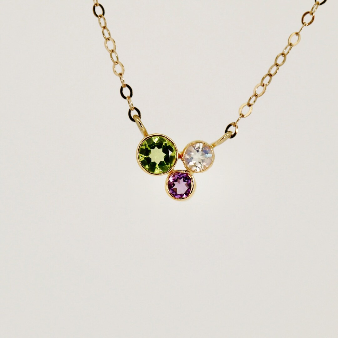 Multi Gemstone Necklace 14k Gold, Bezel Set Peridot Amethyst and