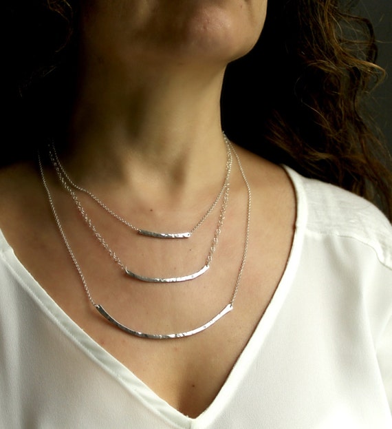Curved Hammered Silver Bar Necklace Double Curve Bar Pendant