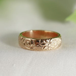 Nature Wedding Band Solid 14k Gold, Vintage Style Thick Floral Wedding Ring, Textured Gold Ring Wide, Gift For Her