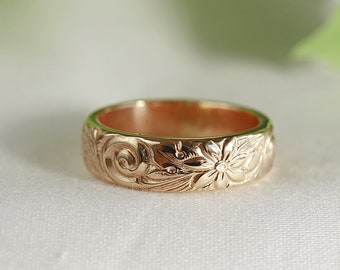 Nature Wedding Band Solid 14k Gold, Vintage Style Thick Floral Wedding Ring, Textured Gold Ring Wide, Gift For Her