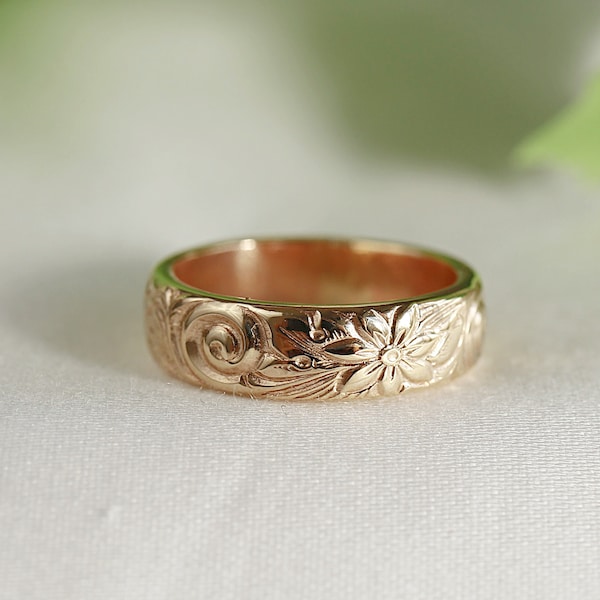 Nature Wedding Band Solid 14k Gold, Vintage Style Thick Floral Wedding Ring, Textured Gold Ring Wide, Gift For Her