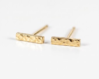 Hammered Gold Stud Earrings, 14k Gold Bar Earrings, Tiny Gold Hammered Bar Earrings, Minimal Earrings, Gold Simple Geometric Studs