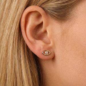 Evil Eye Flat Back Earrings 14k Solid Gold, Luck Symbol Stack Earrings, Internally Threaded Earrings, Cartilage Piercing, Gift for Her