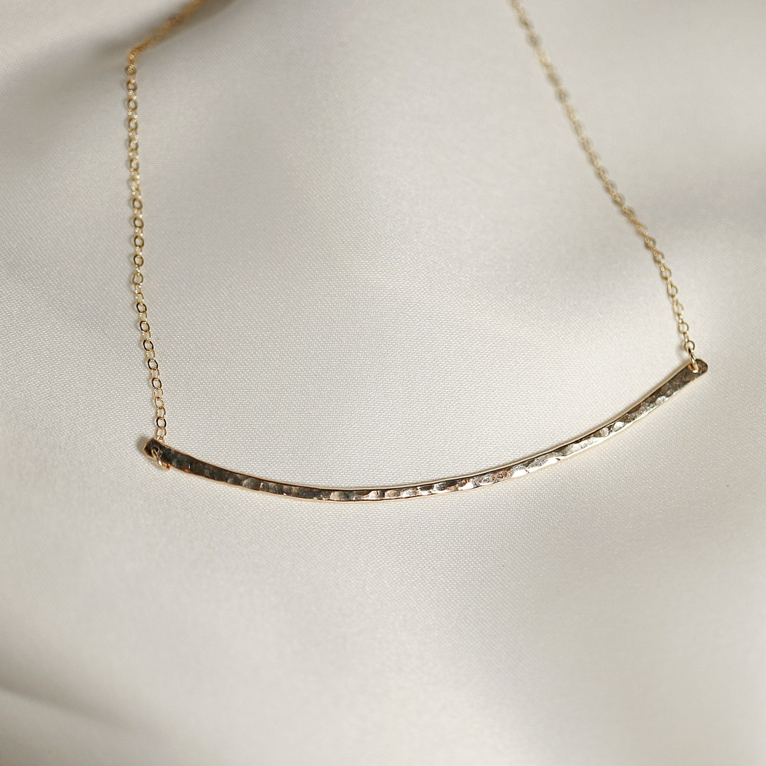 Curved Hammered Bar Necklace, Gold Curved Bar Necklace, Gold