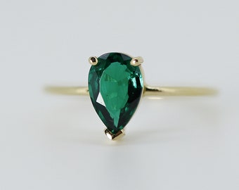 Emerald Engagement Ring 14k Gold, Pear Cut Emerald Ring Solid Gold, Handmade Ring, 20th Anniversary Ring, May Birthstone, Gift for her