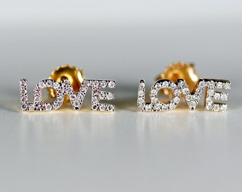 Diamond Love Earrings 14k Solid Gold, Natural Diamond Block Letter Love Earrings Studs, Monogram Earrings, Gift For Her