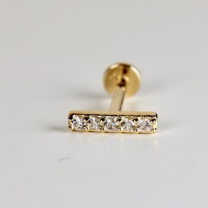 14k Solid Gold CZ Bar Flat Back Earrings, Internally Threaded Earrings Studs, Piercing For Helix, Tragus Earring, Real Gold Piercing
