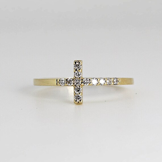14k Solid Gold Cross Ring Diamond Cross Ring Natural Etsy