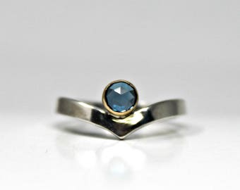 London Blue Topaz Ring 14k Gold,  December Birthstone Ring, Chevron Ring, Rose Cut Topaz Ring