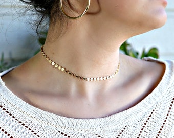 Gold Choker, Gold Disc Necklace, Gold Filled Choker Necklace, Gold Coin Chain Choker, Gold Dot Choker, Sequin Choker, Layering Necklace