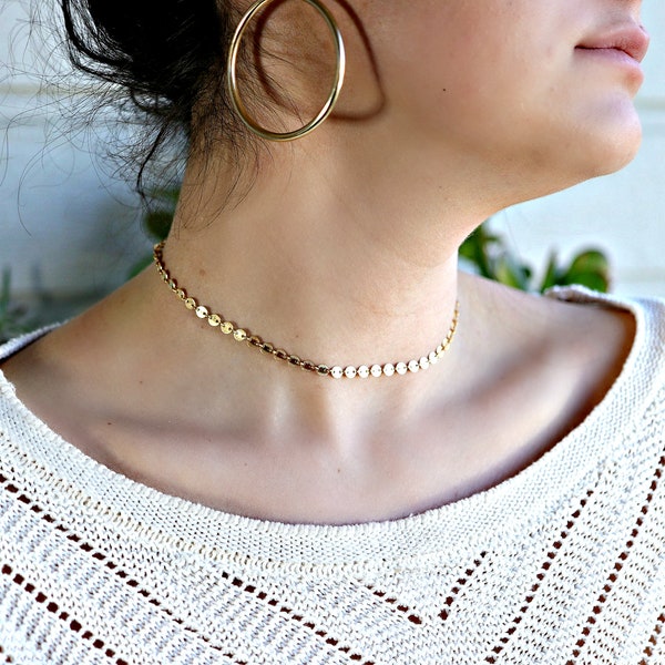 Gold Choker, Gold Disc Necklace, Gold Filled Choker Necklace, Gold Coin Chain Choker, Gold Dot Choker, Sequin Choker, Layering Necklace