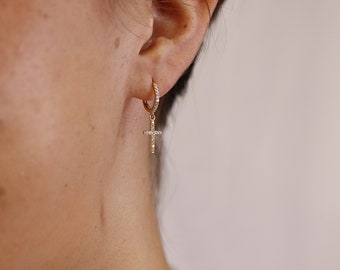 Diamond Cross Earrings 14k Solid Gold, Christian Jewelry Earrings Dangle, Diamond Huggie Hoop Earrings, Religious Jewelry Gift for Her