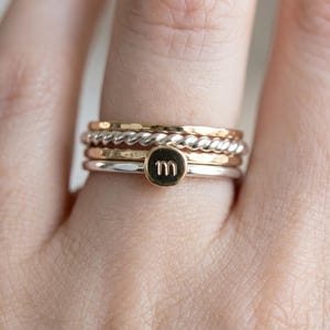 Stackable Rings, Solid 14k Gold Rustic Pebble Ring Silver Band Mixed Metal Initial Ring, Personalized Custom Ring