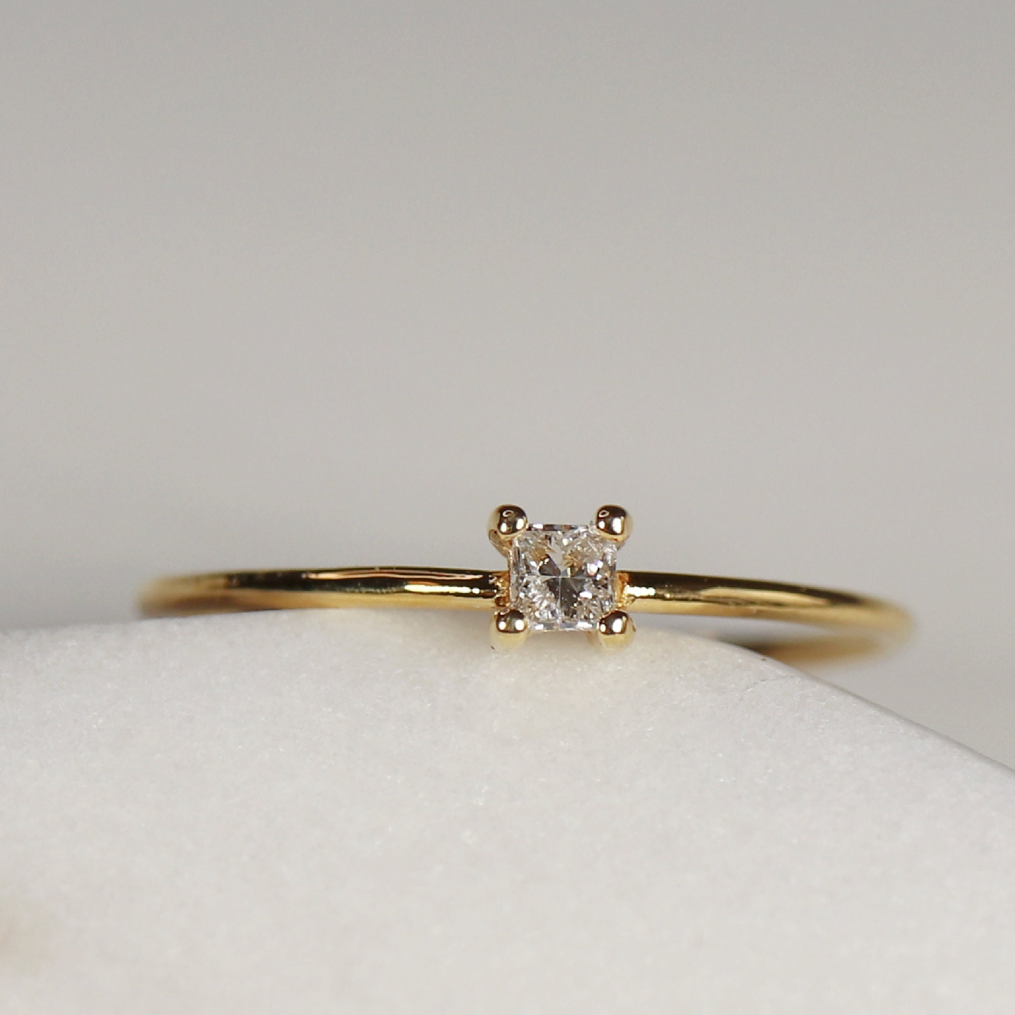 Mini Diamond Rings Dainty Diamond Ring 14k Gold, Tiny Diamond Stacking Ring, Princess Cut ...