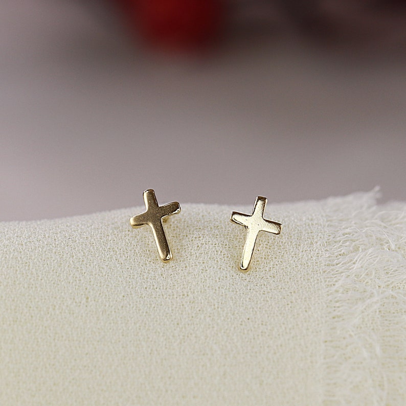 Gold Cross Earrings 14k Solid Gold, Delicate Cross Stud Earrings, Religious Christian Jewelry Gift, Minimalist Everyday Studs Earrings image 5