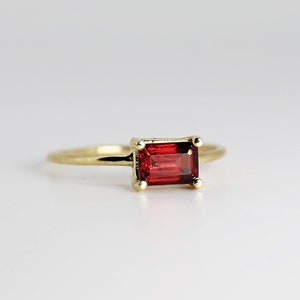 East West Garnet Ring, 14k Gold Emerald Cut Red Garnet Ring, Minimalist Garnet Engagement Ring, East West Gemstone Ring, Gift for Her