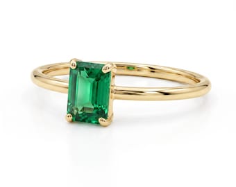 Emerald Ring 14k Gold, Emerald Cut Emerald Engagement Ring Handmade, Minimalist Modern Gemstone Ring, 20th Anniversary Ring, May Birthstone