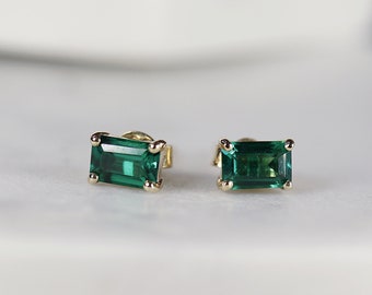 Genuine Emerald Earrings 14k Gold Emerald Cut Emerald Stud Earrings, May Birthstone Earrings, Emerald Studs, 20th Anniversary Gift for her