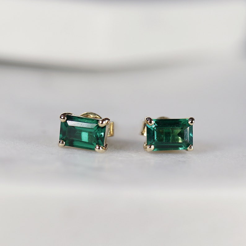 Genuine Emerald Earrings 14k Gold Emerald Cut Emerald Stud Earrings, May Birthstone Earrings, Emerald Studs, 20th Anniversary Gift for her image 1