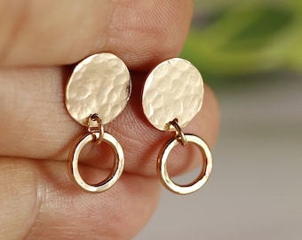 Circle and Dot Dangle Stud Earrings, Double Dots Studs, Hammered Gold Disc and Circles Studs, Hammered Gold Earrings, Everyday Earrings