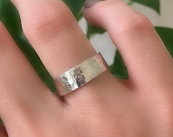 Rustic Wedding Band Sterling Silver, 6mm Thick Silver Stacking Ring, Hammered Silver Wide Band Ring, Rustic Wedding Ring, Unisex Ring