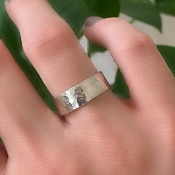 Rustic Wedding Band Sterling Silver, 6mm Thick Silver Stacking Ring, Hammered Silver Wide Band Ring, Rustic Wedding Ring, Unisex Ring