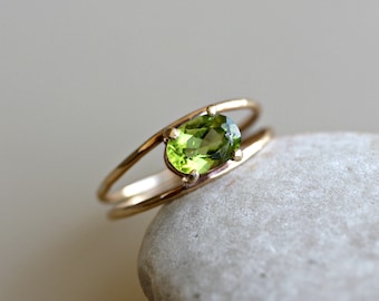 14k Gold Peridot Ring, Double Band Peridot Ring, Double Band Gemstone Ring, Peridot Jewelry, August Birthstone Ring, Anniversary Ring