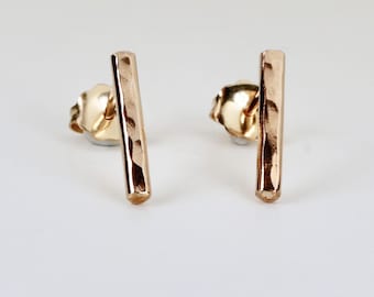 Gold Stick Stud Earrings, Hammered Bar Earrings Gold Filled, Minimal Geometric Studs, Wedding Party or Back to School Gift