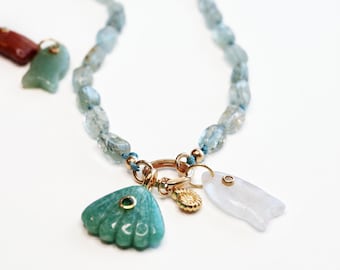 Moss Aquamarine Nugget Necklace, Hand Knotted Silk Strand, Gold Filled Charm Holder, Optional Add‑On Charms Available