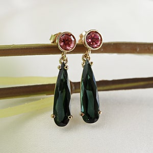 14k Gold Pink and Green Tourmaline Drop Earrings, Green Tourmaline Dangle Earrings, Teardrop Tourmaline Earrings, Watermelon Fine Jewelry