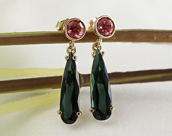 14k Gold Pink and Green Tourmaline Drop Earrings, Green Tourmaline Dangle Earrings, Teardrop Tourmaline Earrings, Watermelon Fine Jewelry