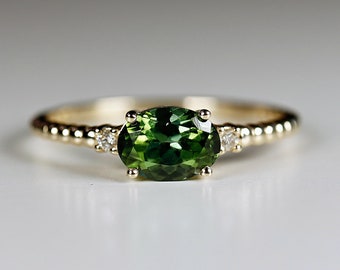 Diamond & Green Tourmaline Engagement Ring, 14k Solid Gold Oval Tourmaline Ring, Gold Tourmaline Ring, Anniversary Ring, Gift For Her