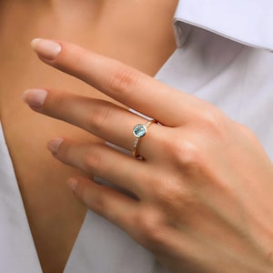 Aquamarine Engagement Ring 14k Solid Gold, Flush Set Diamonds and Aquamarine Ring, March Birthstone Jewelry, Anniversary Gift, Promise Ring