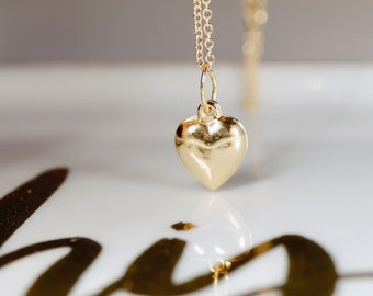 14k Gold 3D Puffy Heart Bracelet Charm or Necklace, Mini Puffy Heart Pendant, Sister Gift, Mother's Day Gift for Her