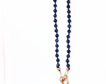 Natural Sapphire Necklace, Hand Knotted Gemstone Necklace, 4mm Blue Sapphire Beaded Necklace, Gold Filled Charm Holder, September Birthstone