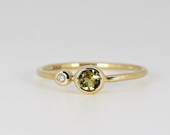 Diamond & Green Tourmaline Ring 14k Gold, Two Birthstone Ring, October and April, Dual Stone Ring, Double Stone Ring, Ring For Women