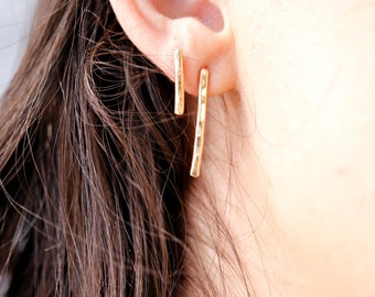Gold Line Earrings, Minimalist Bar Stud Earrings Sterling Silver, Hammered Gold Filled Earrings, Best Friend Gift