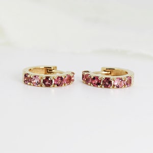 Ombre Tourmaline Hoop Earrings, 14k Gold Gemstone Huggie Earrings, Pink or Green Tourmaline Huggie Earrings,  Ombre Small Hoops