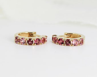 Ombre Tourmaline Hoop Earrings, 14k Gold Gemstone Huggie Earrings, Pink or Green Tourmaline Huggie Earrings,  Ombre Small Hoops